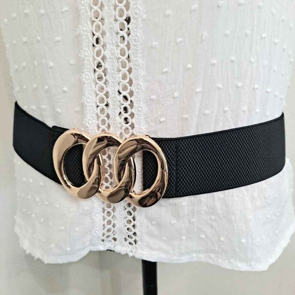 Black Stretch Wide Waist Belt Gold Triple Ring Buckle Elastic Classic Statement